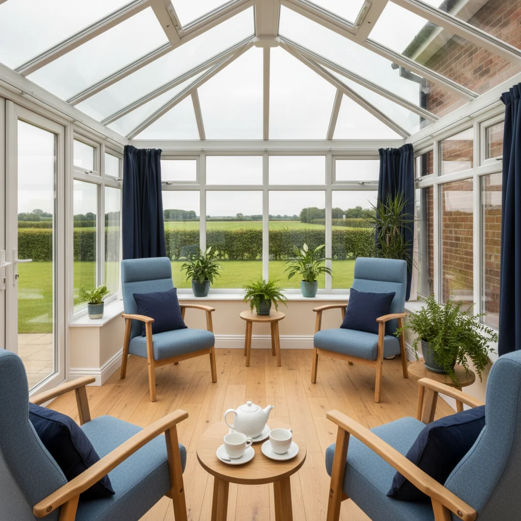 The conservatory, with armchairs facing large windows that look out over open fields