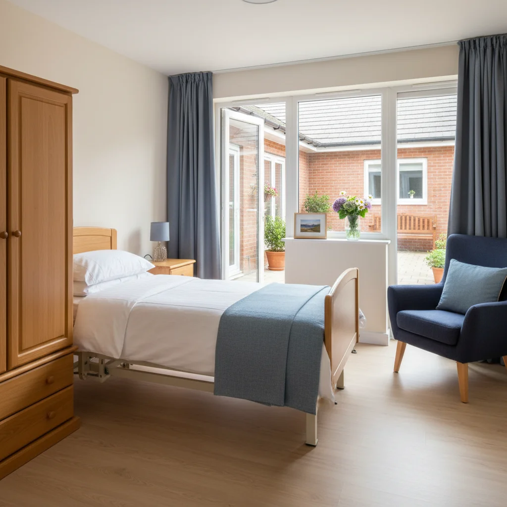 A single bedroom with patio doors opening straight onto the courtyard, with no step at the threshold