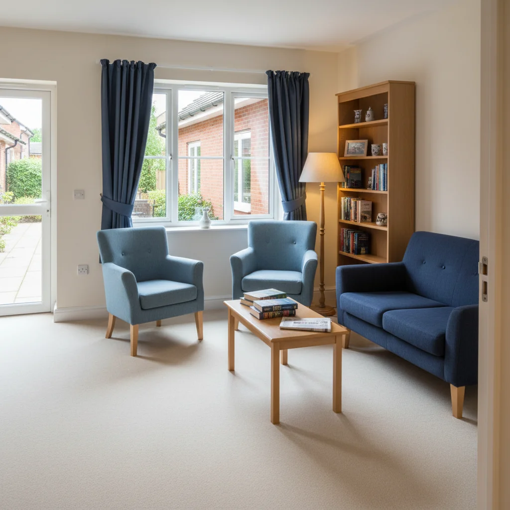 The small quiet lounge, with armchairs, a bookshelf and a lamp