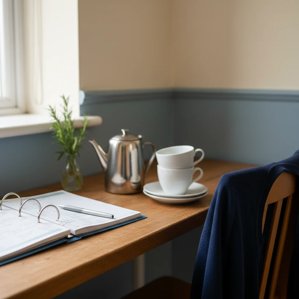A care plan folder, a teapot and cups on the serving-area counter at the start of a shift